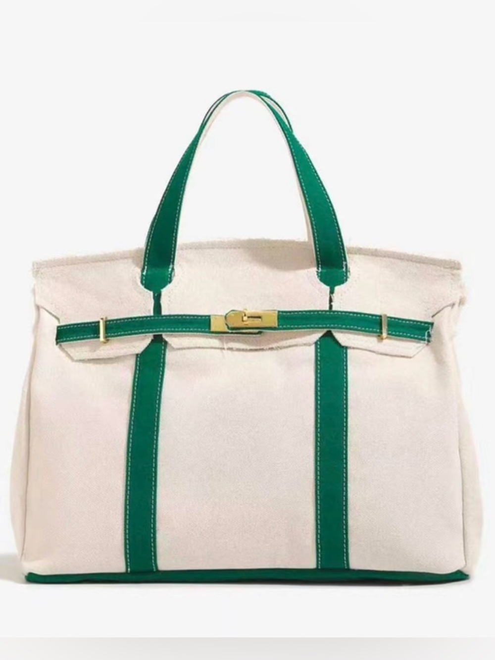 Boatkin Canvas Two-Tone Tote Bag in Cream and Green